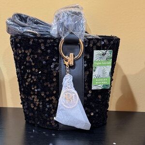 Badgley Mischka Black Sequin bucket bag with Gold Accents NWT